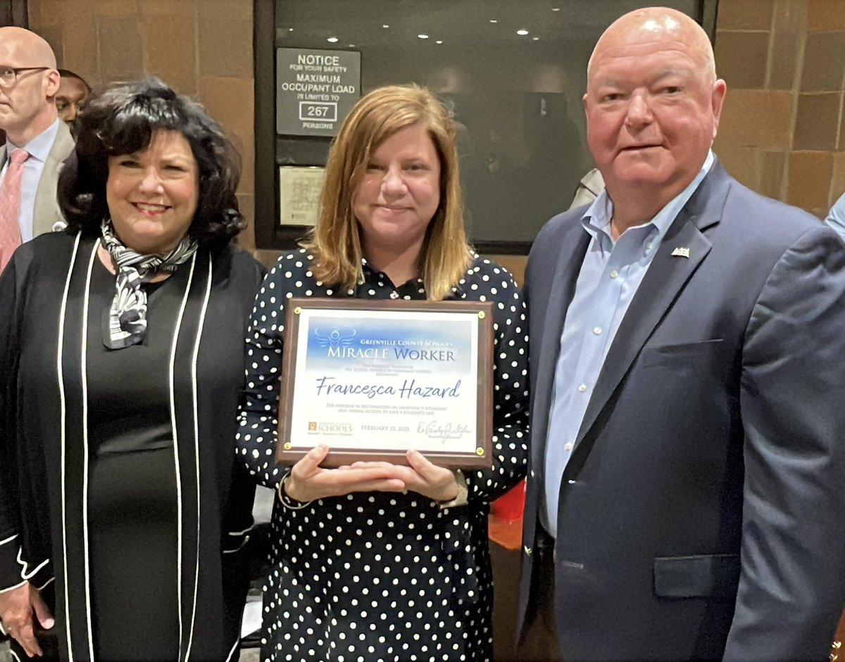 Congratulations to Taylors Elementary teacher Fran Hazard, who received the GCS Miracle Worker Award at Tuesday’s Board of Trustees meeting. Mrs. Hazard is credited with saving the life of a student who choked on their lunch during school. <a href="/TaylorsElem/">Taylors Elementary</a>