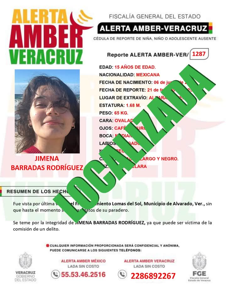 aamber_ver's tweet photo. AlertaAmberVer *AGRADECE* su colaboración en la BUSQUEDA y LOCALIZACIÓN de la adolescente JIMENA BARRADAS RODRÍGUEZ, de 15 años de edad. #HastaEncontrarte #SiLaVesReporta #Alvarado #riviera #AntonLizardo #BocaDelRio @FGE_Veracruz @aamber_ver TEL 2286892267 EXT 4084 y 4083 https://t.co/XVJyZ4wy2T