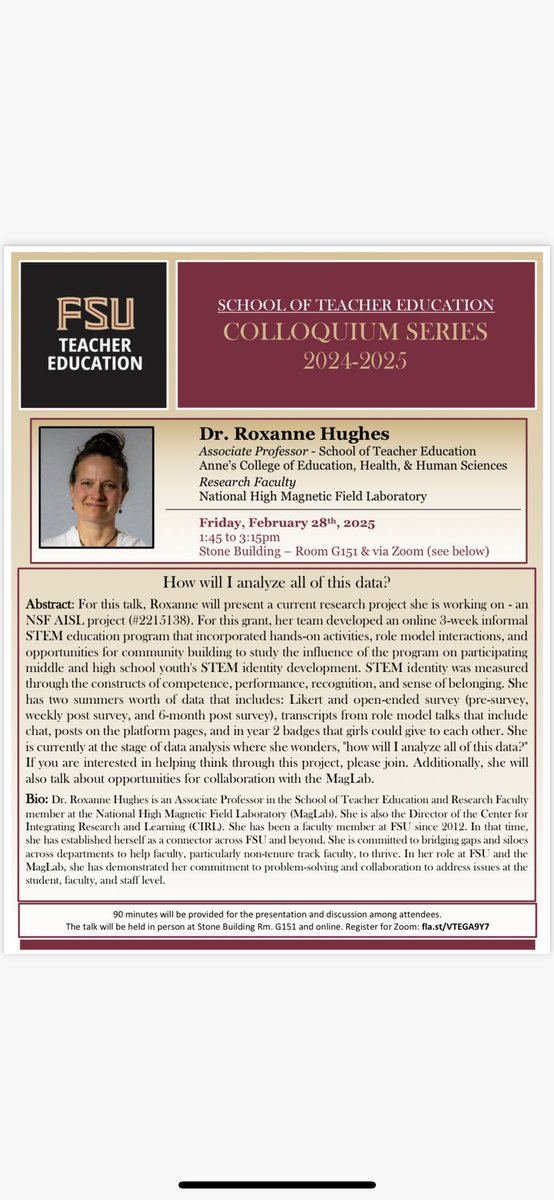 This is an invitation for the Colloquium Series for the School or Teacher Education. The talk will be held in person in the Stone Building, Room G151. This event is happening this Friday on February 28th from 1:45 to 3:15 pm
 
You can join on Zoom too at: fsu.zoom.us/j/97241174602