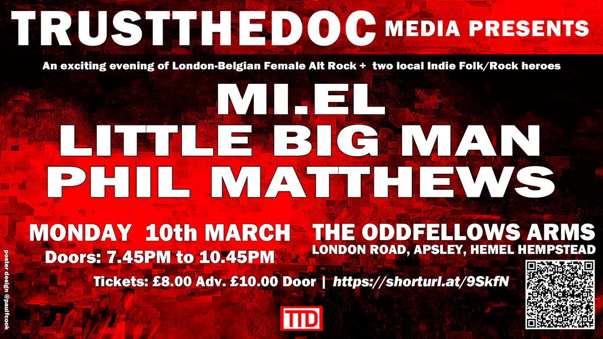 We are back at the amazing #OddfellowsArms Apsley, Hemel Hempstead on Monday 10th March for a night of original Alt Rock &amp; Indie Folk with London-Belgian female trio #MI.EL + local stars #LittleBigMan &amp; #PhilMatthews. Tickets for just £8 if you book early.
demerararecords.com/trust-the-doc