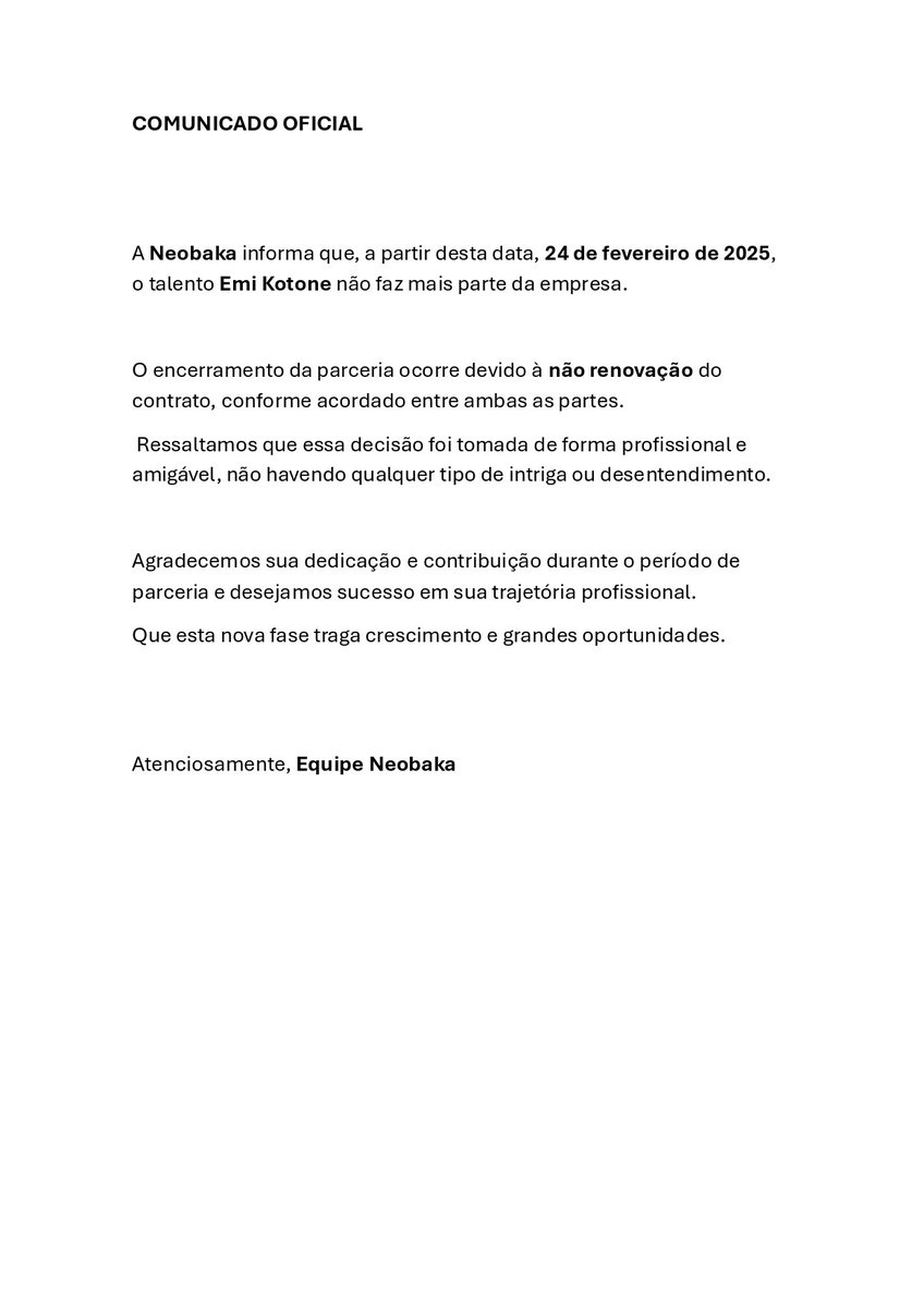 Reforçando nosso compromisso com clareza e transparência, informamos o desligamento do talento Emi Kotone da Neobaka. O pronunciamento oficial foi realizado somente agora devido à necessidade de concluir pendências administrativas junto à Emi.

Expressamos nosso agradecimento