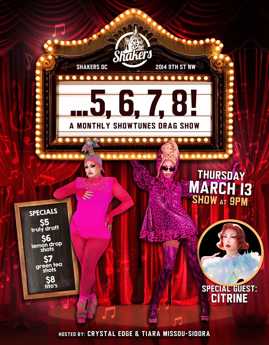So so excited to announce 5, 6, 7, 8! A monthly showtunes show coming to <a href="/ShakersDC/">Shakers</a> starting March 13th! Hosted by me and <a href="/ThatkidDavid1/">Secret Agent Mcgillicunty</a>. See you there 🤩