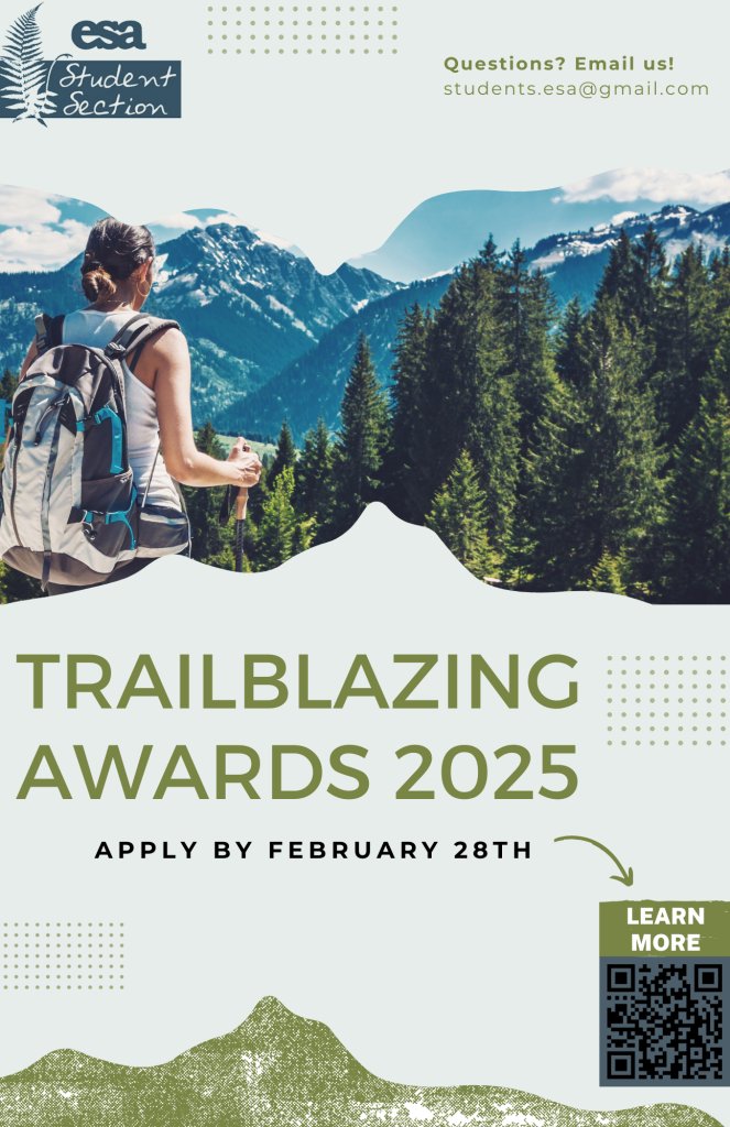 Going to ESA? Need funding? Apply by FRIDAY to our Trailblazing Student Awards!! More info here esa.org/students/award…