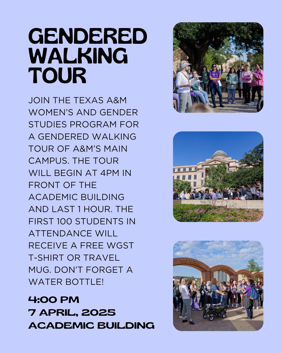 Join us for our Spring 2025 Gendered Walking Tour! The tour is Monday, April 7th and will begin at 4pm in front of the Academic Building. The first 100 students in attendance will receive a free WGST t-shirt or travel mug. We can’t wait to see you there!