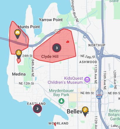 MedinaPoliceWA's tweet photo. Power crews are currently on site at NE 28th Street &amp; Evergreen Point Road restoring power. Their next stop will be the 3400 block of Evergreen Point Road. @PSETalk's outage map shows an ETA for power restoration of 7pm this evening. https://t.co/8HWhaBwlmJ