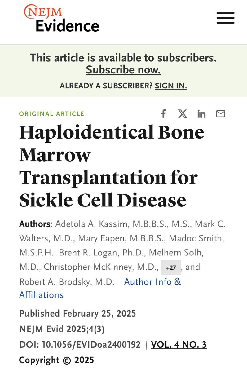Out in NEJM Evidence today. KEY TAKEAWAYS 
•Of 42 people with severe SCD who had the procedure , 95% were alive at 2 yrs, and 88% are considered cured.
•Most people with SCD are eligible, which costs a fraction of the price of gene editing/therapy
#casgevy <a href="/ASH_hematology/">ASH</a>