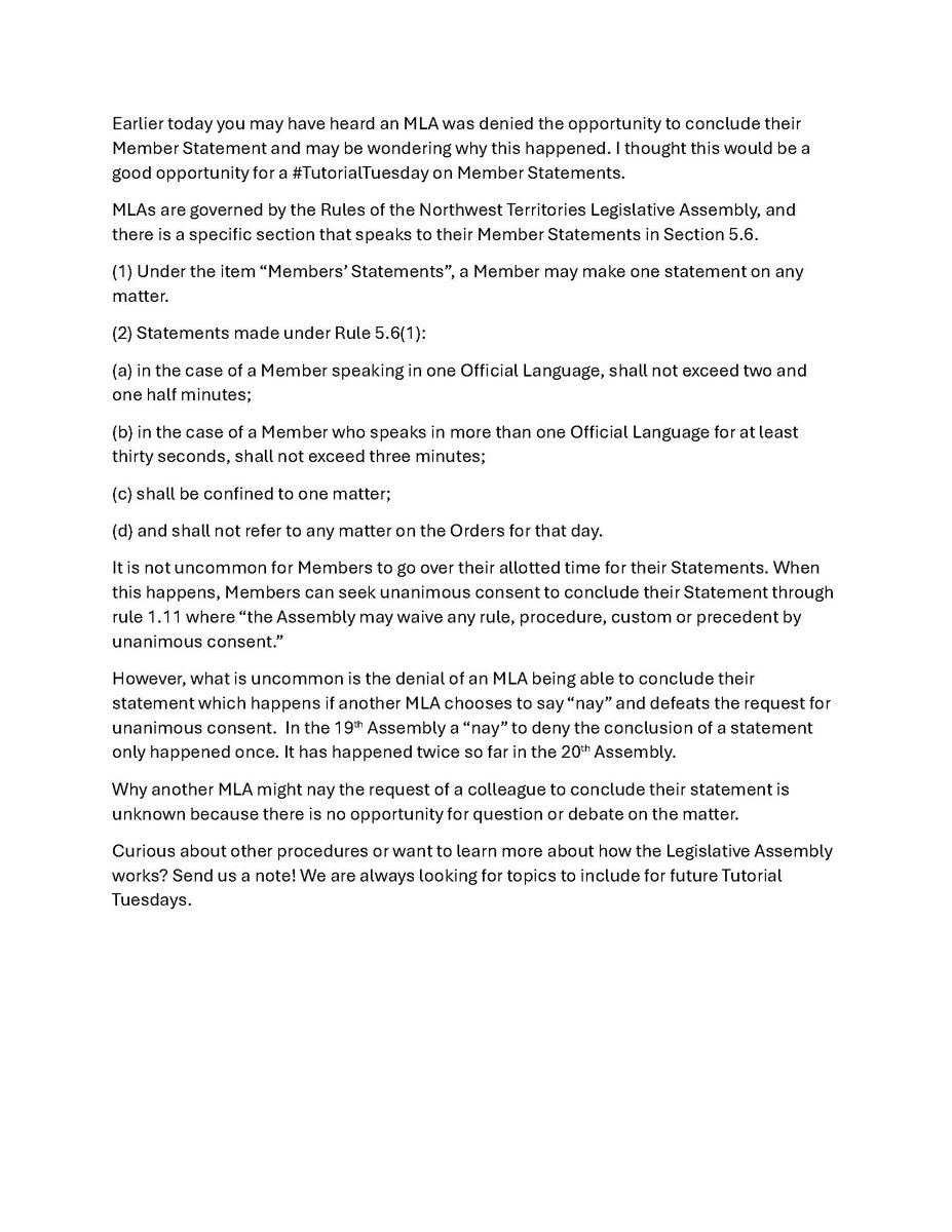 CWawzonek's tweet image. #TutorialTuesday
"Permission to conclude a Member Statement"
#TheMoreYouKnow #NWTpoli #CDNpoli #OpenNWT #YKSouth #YayOrNay #Rules #NTLegislativeAssembly