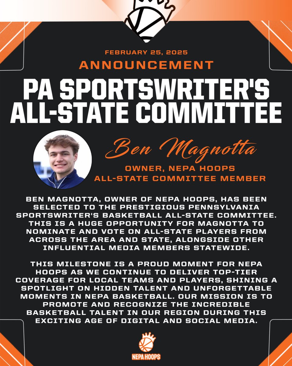 MAGNOTTA NAMED TO PA SPORTSWRITER’S BASKETBALL ALL-STATE COMMITTEE‼️📝

<a href="/Ben_Magnotta/">Ben Magnotta</a>, owner of NEPA Hoops, has joined the Pennsylvania Sportswriter’s Basketball All-State Committee, where he’ll nominate and vote on All-State players across the state.

This is a huge moment for