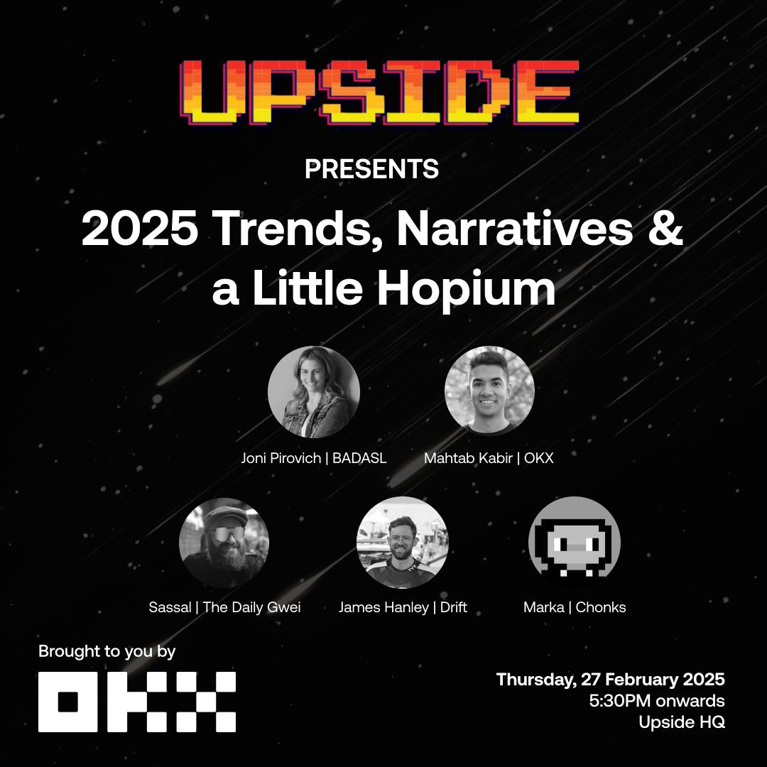 Upside (@0xupside) on Twitter photo Rough day yesterday...
The solution is cope and canapés at Upside HQ tomorrow evening.
Last chance to secure a ticket 👇
lu.ma/71g00k4m
Big shoutout to <a href="/OKXAustralia/">OKX Australia</a> for supporting us on this one 🙏 Rough day yesterday...
The solution is cope and canapés at Upside HQ tomorrow evening.
Last chance to secure a ticket 👇
lu.ma/71g00k4m
Big shoutout to <a href="/OKXAustralia/">OKX Australia</a> for supporting us on this one 🙏