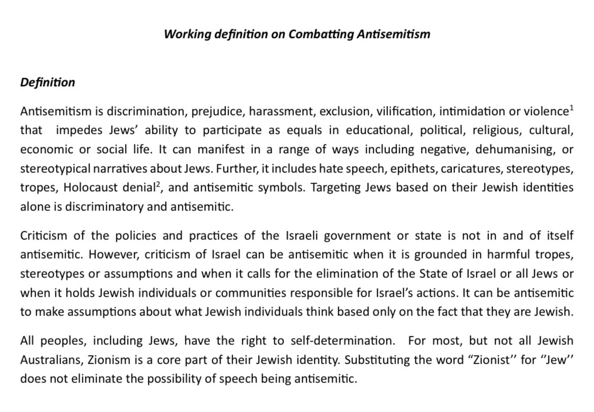 By linking criticism of Israel/Zionism and antisemitism even more closely than the IHRA, the Universities Australia definition critically undermines universities' ability to do their work. An extremely dangerous and foolhardy capitulation by uni leaders to the pro-Israel lobby.