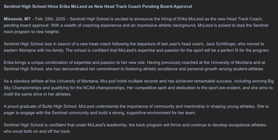 khansen406's tweet photo. .@SentinelHS_MT just announced that Butte native and former All-Big Sky track and field athlete at UM Erika McLeod has been named the new head track and field coach of the Spartan program https://t.co/tGCd9FoJGw