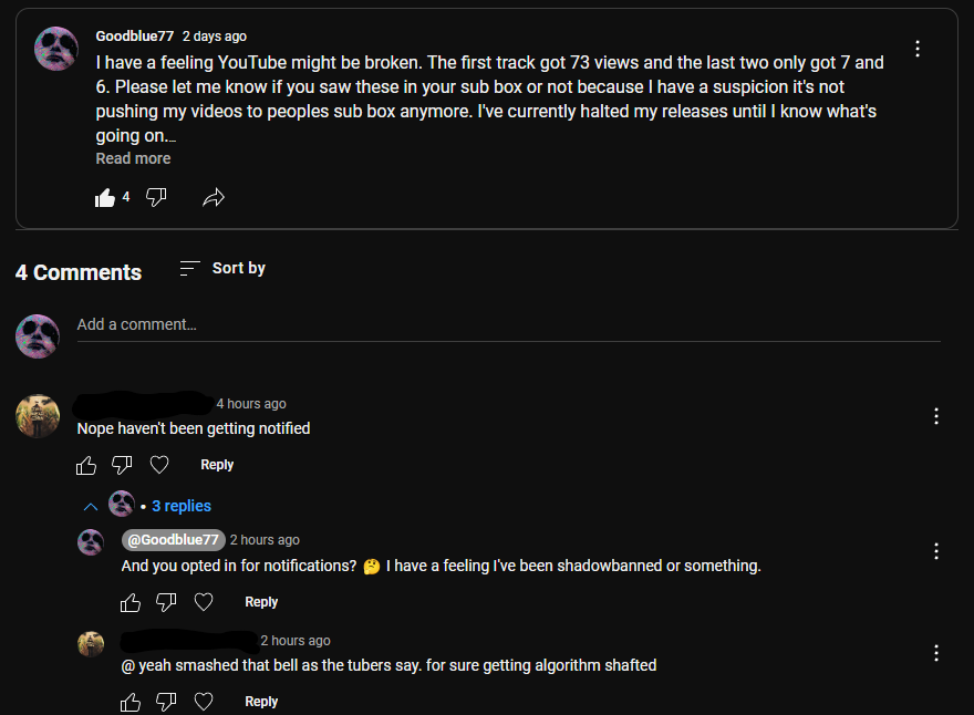 goodblue77's tweet photo. @TeamYouTube Can you explain why my YouTube channel got shadowbanned? Subscribers are not seeing my videos in their sub box and no notifications are being sent anymore. My views went down drastically after Feb 18th. https://t.co/M7His4eqO0