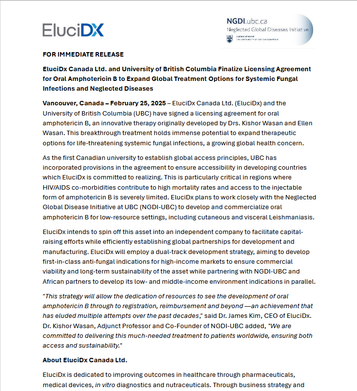 Neglected Global Diseases Initiative at UBC (@ngdiubc1) on Twitter photo Major Announcement from NGDI UBC- License Agreement to further develop Oral AmB in the fight against NTDs & Fungal Infections #beatntds <a href="/UBCNews/">UBC Media Relations</a> @UBCmedicine <a href="/Can_NTDs/">Canadian Network for Neglected Tropical Diseases</a> <a href="/ISNTD_Press/">ISNTD</a> <a href="/DNDi/">Drugs for Neglected Diseases initiative</a> <a href="/MSF_canada/">Doctors Without Borders / Médecins Sans Frontières</a> <a href="/WHO/">World Health Organization (WHO)</a> <a href="/PeterHotez/">Prof Peter Hotez MD PhD DSc(hon)</a> <a href="/keithmartinmd/">Keith Martin MD</a> <a href="/CAGH_ACSM/">Can Global Health │ Santé mondiale Can</a>
linkedin.com/pulse/licensin… Major Announcement from NGDI UBC- License Agreement to further develop Oral AmB in the fight against NTDs & Fungal Infections #beatntds <a href="/UBCNews/">UBC Media Relations</a> @UBCmedicine <a href="/Can_NTDs/">Canadian Network for Neglected Tropical Diseases</a> <a href="/ISNTD_Press/">ISNTD</a> <a href="/DNDi/">Drugs for Neglected Diseases initiative</a> <a href="/MSF_canada/">Doctors Without Borders / Médecins Sans Frontières</a> <a href="/WHO/">World Health Organization (WHO)</a> <a href="/PeterHotez/">Prof Peter Hotez MD PhD DSc(hon)</a> <a href="/keithmartinmd/">Keith Martin MD</a> <a href="/CAGH_ACSM/">Can Global Health │ Santé mondiale Can</a>
linkedin.com/pulse/licensin…