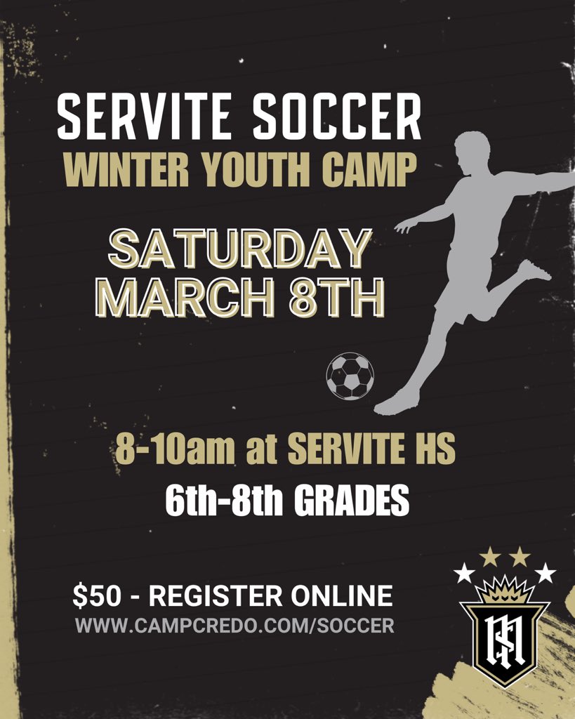 Why wait til summer, winter youth camp is coming up! 

6th-8th grade soccer players, you’re invited to join us on Courage Field for training on March 8th at 8am. 

campcredo.com/soccer 

#credo #gofriars #weareservite #servitesoccer