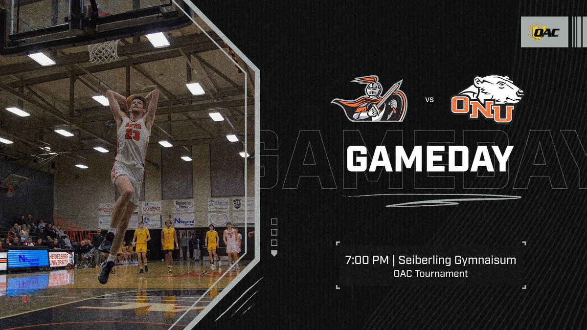 Wear black and pack Seiberling tonight for an OAC Tournament game against Ohio Northern!

🎟️ Blackout
⏰ 7:00 PM
📍Seiberling Gymnasium 
📺 boxcast.tv/view/mbb-oac-q…

#BergGang⚔️🏀