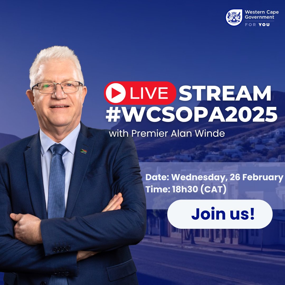 alanwinde's tweet photo. Join me LIVE for the Western Cape State of the Province Address 2025!
🗓️Date: Wednesday, 26 February
⏰Time: 18:30 (CAT)
I'll be sharing our plans to move the #WesternCape forward. This is your province, and I am excited for you to be part of the conversation.
👉Tune in and let’s step up for a better future #ForYou together: https://t.co/bjqxPUrcZU
#WCSOPA2025