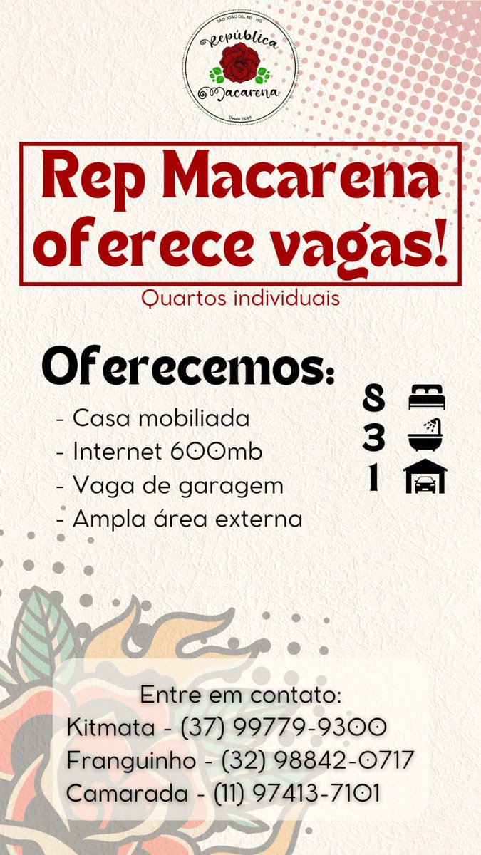 Alguemsdo_mundo's tweet photo. Passou em na #ufsj e não tem onde morar??? 
VEM PRA REPUBLICA MACARENA 🌹❤️✨
#ufsj #sisu #moradia #republica #sjdr https://t.co/IEpgOnZBG7