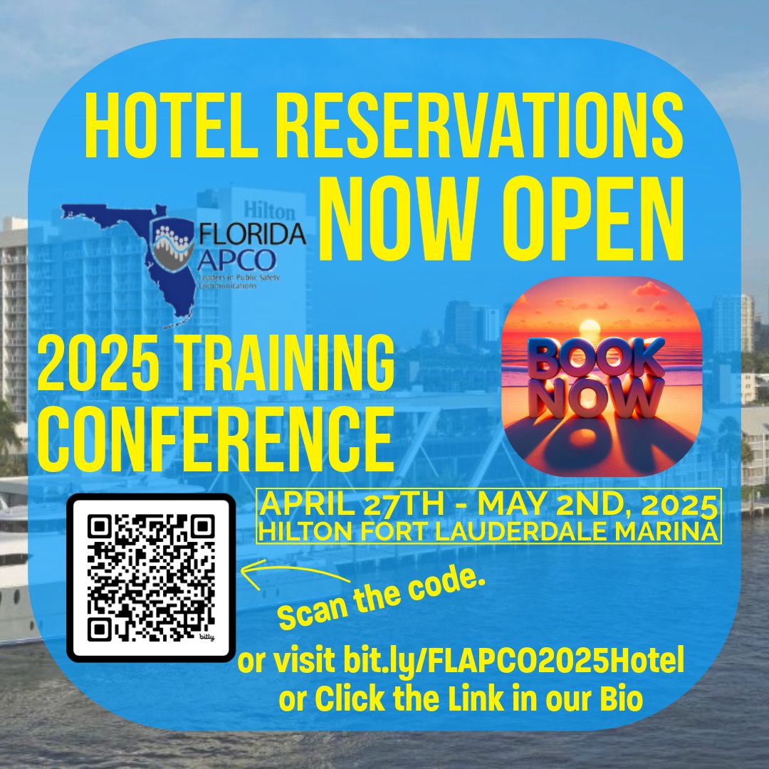 🏨 Book Your Hotel for the 2025 Florida APCO Training Conference!

The Hilton Fort Lauderdale Marina is filling up fast for the 2025 Training Conference—secure your room today!

➡️ Scan the QR code on the image
➡️ Visit 👉 bit.ly/FLAPCO2025Hotel
➡️ Or check the link in our bio