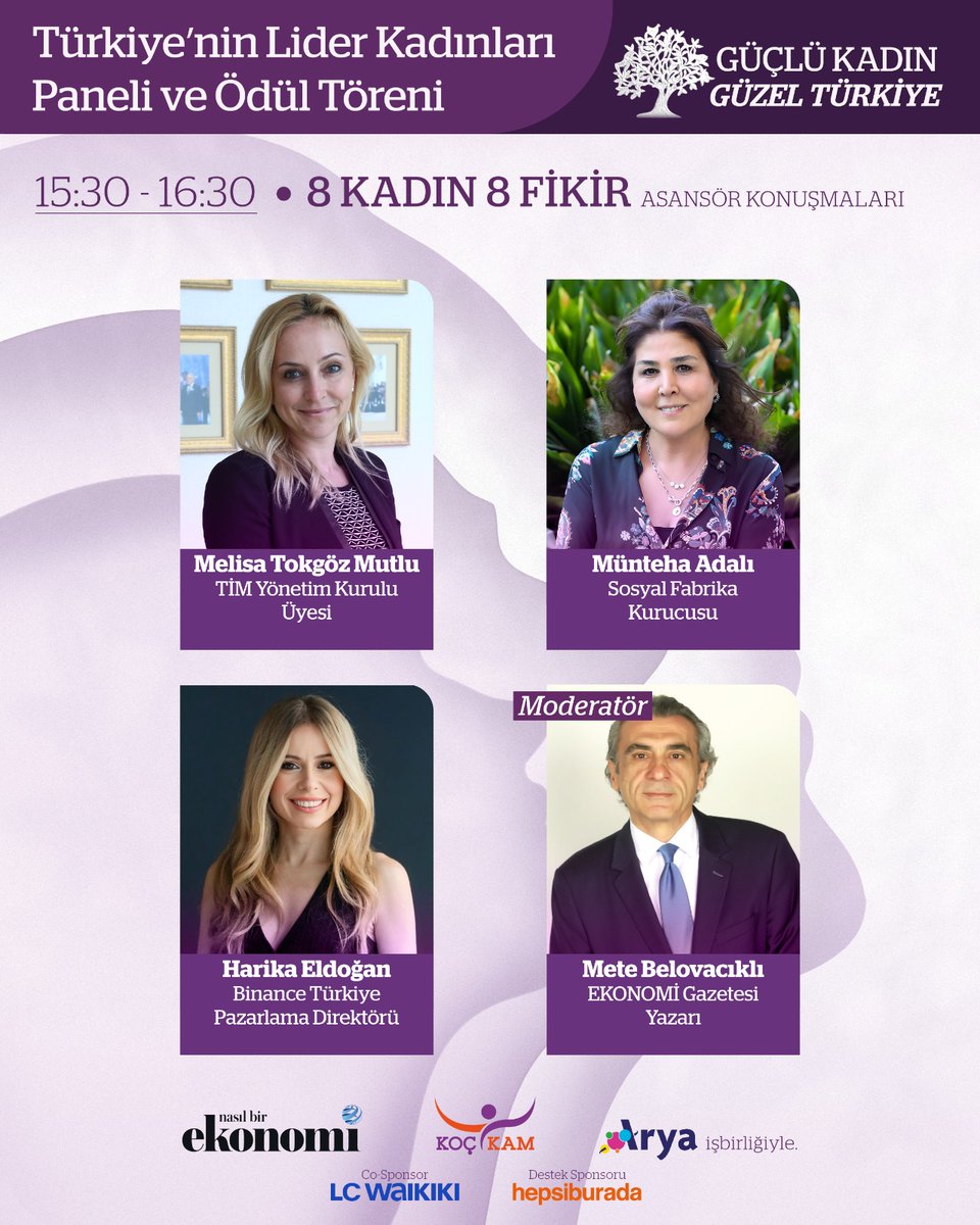 EkonomimCom's tweet photo. EKONOMİ Gazetesi bu yıl 5’inci kez “Türkiye’nin Lider Kadınları Paneli ve Ödül Törenini düzenliyor. Koç Üniversitesi Toplumsal Cinsiyet ve Kadın Çalışmaları Araştırma Merkezi (KOÇ-KAM) stratejik ortaklığında Arya Kadın Yatırımı Platformu iş birliğiyle gerçekleştirilmektedir.

Farklabs, Ahi Evran Cd. 42 Maslak No 6 Office 3 Kat:1, 34485 Sarıyer/İstanbul
26 Şubat 2025, Çarşamba
13:30-14:00 Kayıt Karşılama 
14:00-14:30 Açılış Konuşmaları 
14:30-16:30 Paneller 
16:30-17:30 Ödül Töreni
LCV: meral.arslan@nbe.com.tr

@koc_kam    
@aryawomen
@GuldagHakan
@VahapMunyar
@didemeryar
@HandanSemaCYLN
@berfincipa