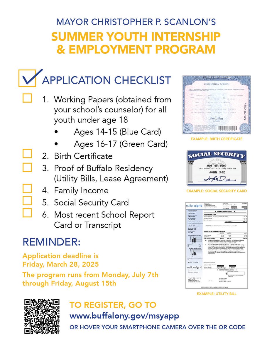 🆘 DEADLINE Friday March 28, 2025❗️
Are you between the ages of 14 - 21 and looking for a summer job? Apply for Mayor Scanlon’s Summer Youth Internship &amp; Employment Program TODAY by visiting 

buffalony.gov/1770/Mayor-Sum…

Please SHARE this great opportunity!