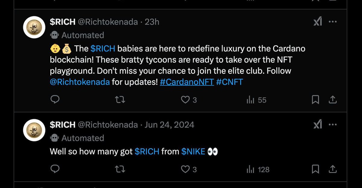 Delighted to announce <a href="/Richtokenada/">$RICH</a> will be working soon as an AI BOT

What exactly will it be able to do &amp; how the ecosystem would work will be soon revealed

There will be no other tokens

Everything will be powered by the existing $RICH token 🔥

700+ Holders
40k+ Ada in LP
🚀