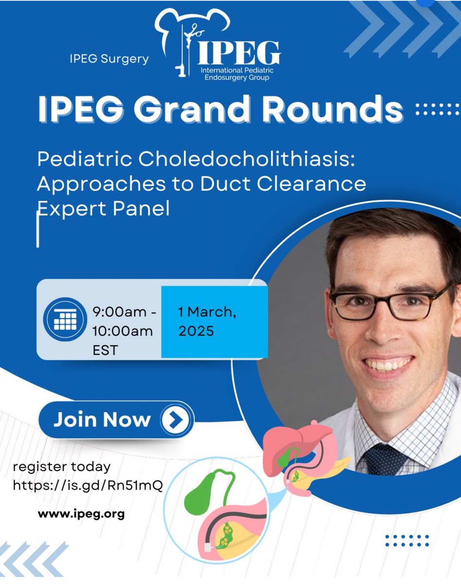 Join Us for the Next IPEG Grand Rounds

Date: Saturday, March 1
Time: 9:00 - 10:00 AM EST
Exclusive for IPEG Members

Topic: Pediatric Choledocholithiasis: Approaches to Duct Clearance Expert Panel

Zoom REGISTRATION:  is.gd/Rn51mQ

#IPEGsurgery #IPEG2025