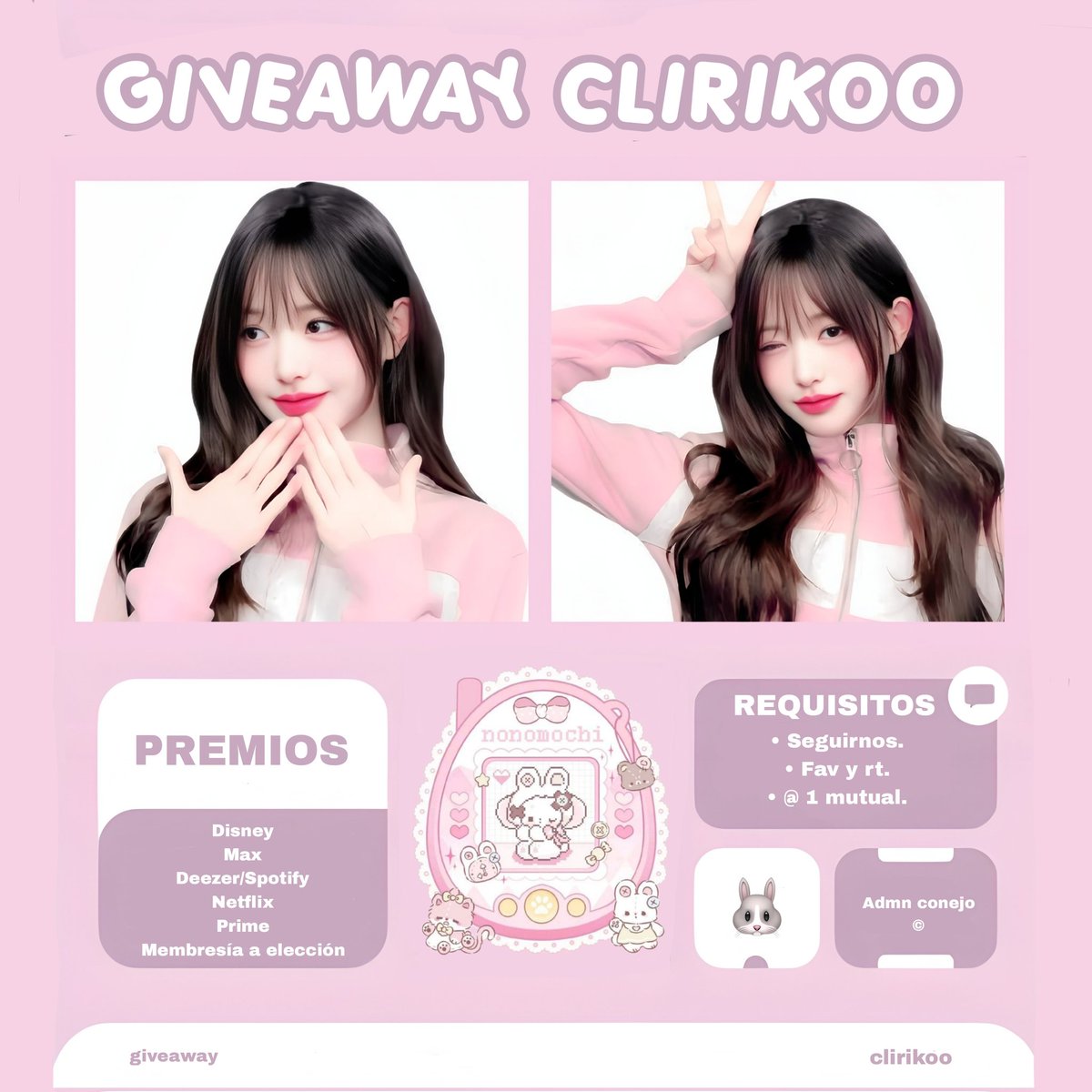 ꫶ུ⃛ᰭ        𝗠𝗜𝗡𝗜 𝗚𝗜𝗩𝗘𝗔𝗪𝗔𝗬 𝗪 🐰
★ Premios en la imagen.

• Seguirnos.
• Fav y rt.
• @ 1 mutual.