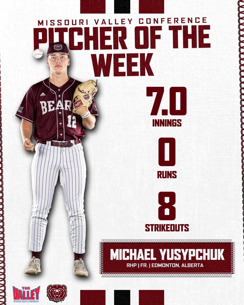 Missouri State Baseball (@mostatebsb) on Twitter photo Thanks to 7⃣ shutout innings, 8⃣ strikeouts and just 2⃣ hits allowed, <a href="/MYusypchuk/">Michael Yusypchuk</a> is the 4⃣th MSU freshman ever to be named MVC Pitcher of the Week 👏
🔗 tinyurl.com/2s3s4hvr Thanks to 7⃣ shutout innings, 8⃣ strikeouts and just 2⃣ hits allowed, <a href="/MYusypchuk/">Michael Yusypchuk</a> is the 4⃣th MSU freshman ever to be named MVC Pitcher of the Week 👏
🔗 tinyurl.com/2s3s4hvr