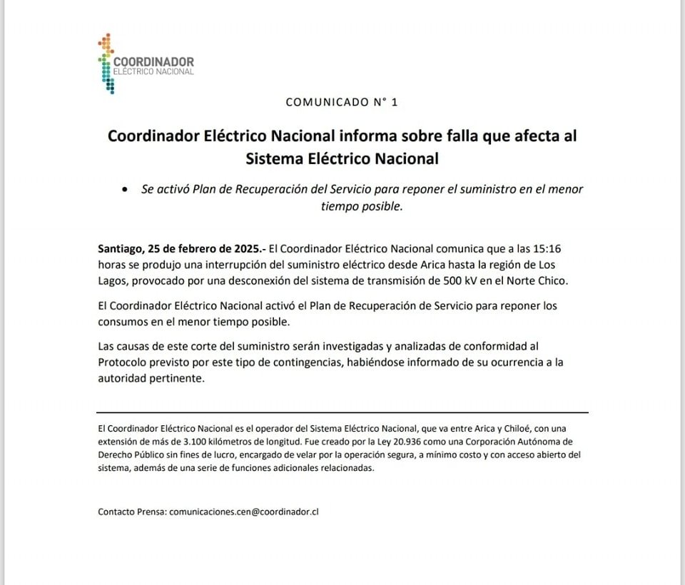 BioPasan's tweet photo. #SinLuz 

A través de un comunicado, el Coordinador Eléctrico Nacional informa sobre falla que afecta al sistema eléctrico nacional.

Cita:

🖇️📎 "...se produjo una interrupción del suministro eléctrico (..) provocado por una desconexión del sistema de transmisión de 500 kV.." https://t.co/ScrkNMjUgd