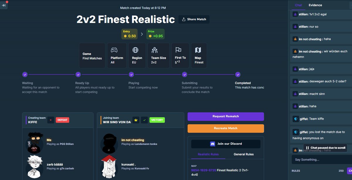 BE CAREFULL!!! If you have anonymous on in rivox tokens you will get the lose for it. Just lost a match we won against the biggest noobs and fans that barked for c haha