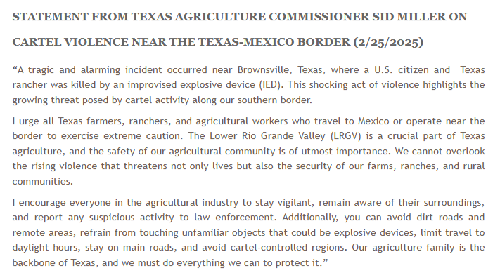 BREAKING: Texas rancher killed by cartel IED near Southern border, officials say.

"This shocking act of violence highlights the growing threat posed by cartel activity along our southern border."