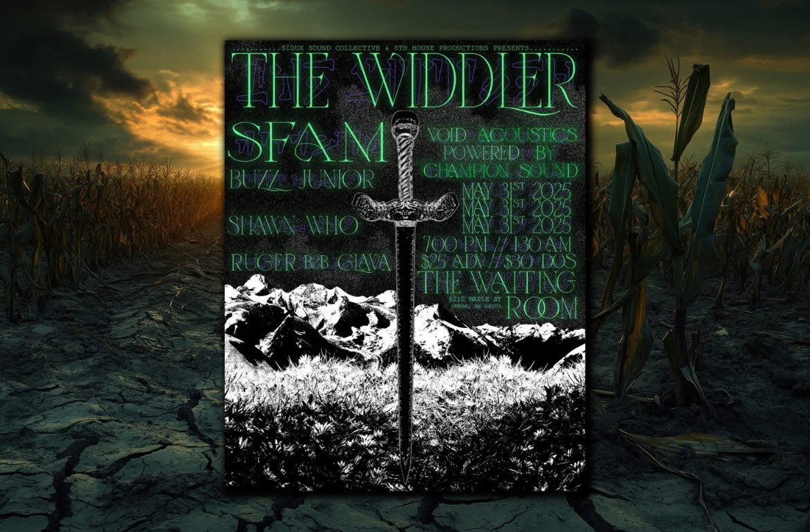 The Widdler (@the_widdler) on Twitter photo May 31st:
Omaha, NE (The Waiting Room)
w/ <a href="/sfam_official/">•ODE TO COURTEOUS EP• OUT NOW‼️👁️</a>, <a href="/BuzzJuniorMusic/">buzz junior</a>, Shawn Who, RÜGER, Glava
presented by <a href="/sioux_sound/">SiouxSoundCollective</a> & 8th House Production
Void Acoustics provided by Champion Sound
🎟️: linktr.ee/the_widdler May 31st:
Omaha, NE (The Waiting Room)
w/ <a href="/sfam_official/">•ODE TO COURTEOUS EP• OUT NOW‼️👁️</a>, <a href="/BuzzJuniorMusic/">buzz junior</a>, Shawn Who, RÜGER, Glava
presented by <a href="/sioux_sound/">SiouxSoundCollective</a> & 8th House Production
Void Acoustics provided by Champion Sound
🎟️: linktr.ee/the_widdler