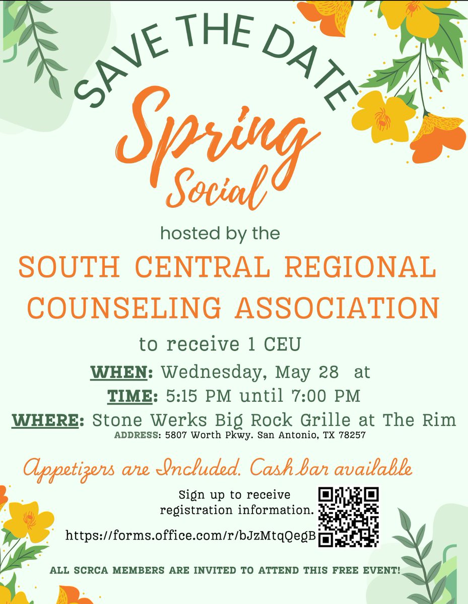 SCRCA_TCA's tweet image. 📆 SAVE THE DATE! 📆

We can’t wait to see you on May 28th for an evening of networking and learning!

#SCRCA #SouthTexasCounselors #networking #professionaldevelopmemt #freeCEU