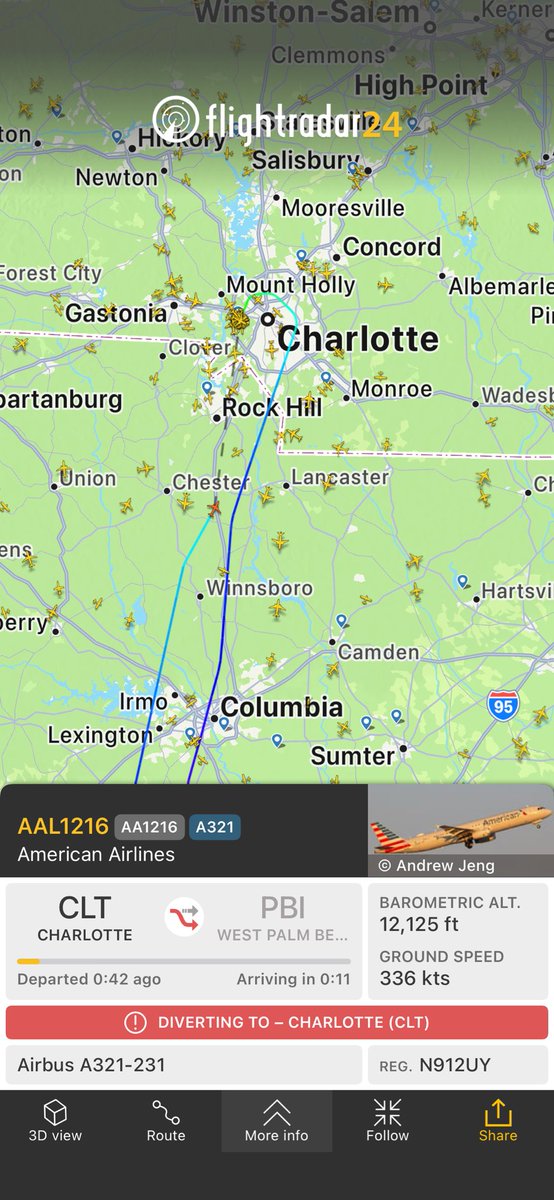 SquawkTracker's tweet image. Flight AA1216 from Charlotte to West Palm Beach
fr24.com/AAL1216/39432e… reason for declared emergency still unknown. Aircraft is returning to Charlotte. We are tracking.