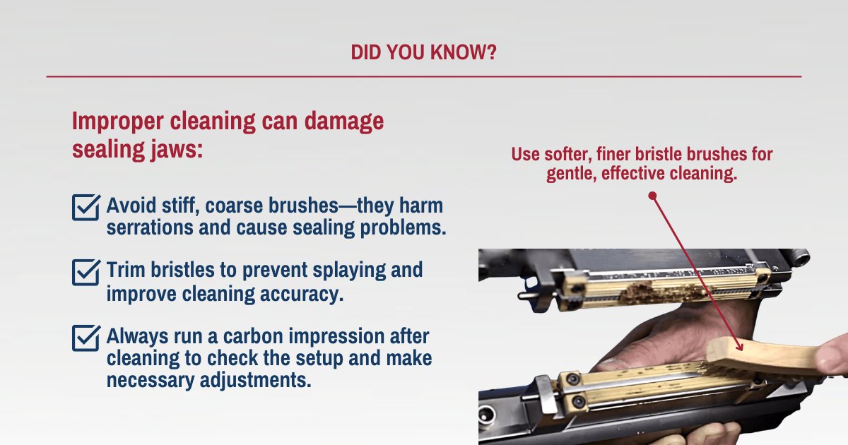 GreenerCorp's tweet image. Did You Know❓Using stiff, coarse brushes to clean sealing jaws can damage serrations and lead to sealing issues. 

Instead, opt for finer, softer bristles—trimmed to clean effectively without splaying out.

#packagingtips #packagingchallenges