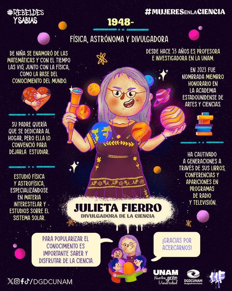 UNAMUSASA's tweet photo. Julieta Fierro, astrónoma y científica, es una mujer que inspira con su rebeldía, creatividad y conocimiento. ✨🙏Gracias doctora por mostrarnos la ciencia de forma diferente y acercarnos a ella. 🩵
#DGDCUNAM #MujeresEnLaCiencia 🧪 https://t.co/oSbHVKi8ld