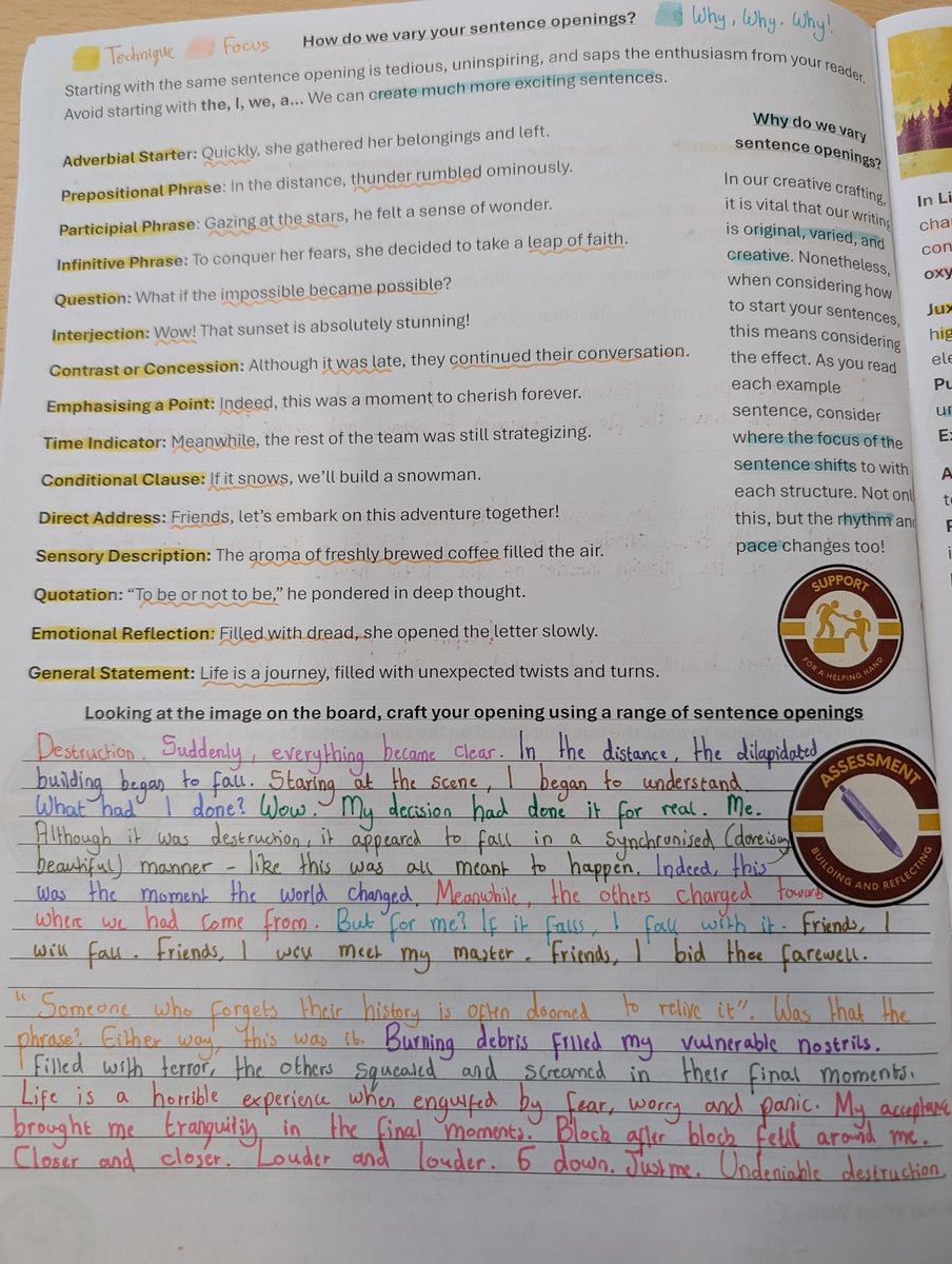 👇👇👇Digging deeper into sentences and exploring the power of sentence openings today! Thinking time and modelled responses allowed us to craft some superb pieces of work with high levels of variety and technical accuracy🔑