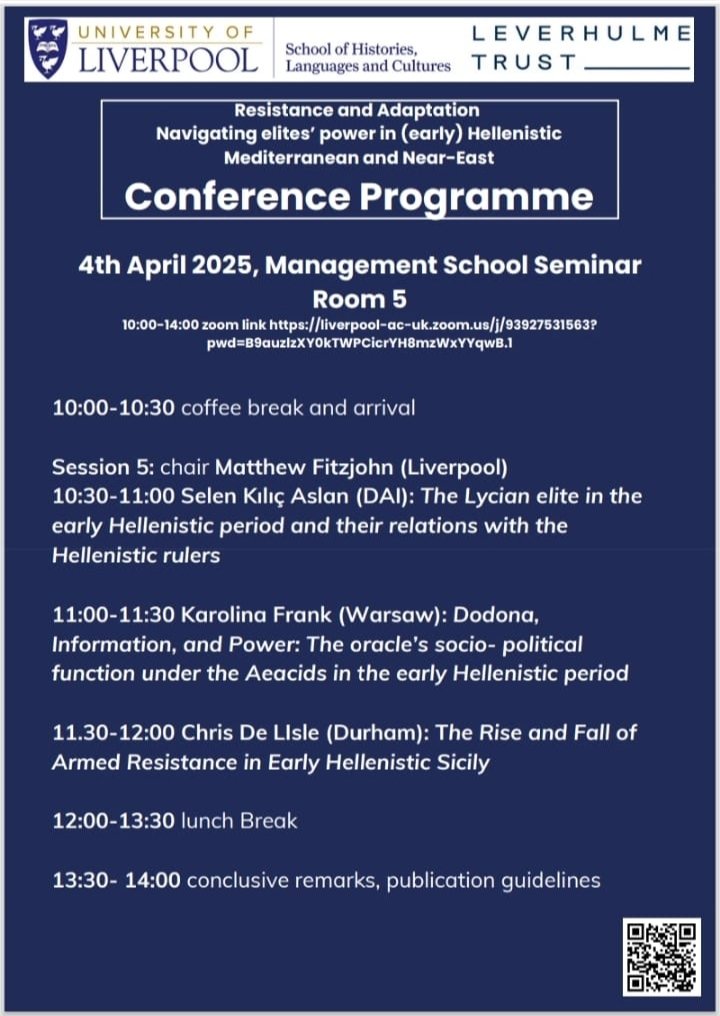 🚨The conference Resistance and Adaptation: Navigating elites' power in (early) Hellenistic Mediterranean and Near East', organised by <a href="/BeatricePestar3/">Dr Beatrice Pestarino</a> (<a href="/LeverhulmeTrust/">The Leverhulme Trust</a> ECF) is coming to <a href="/LivAncWorlds/">Archaeology, Classics & Egyptology at Liv Uni</a> 3-4 April. All welcome (also online). Deets👇
<a href="/livuniHSS/">Humanities & Social Sciences @ Uni of Liverpool</a> 
#classics #hellenism