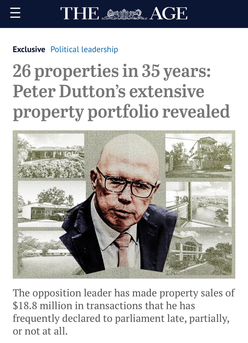 The media tore into Albo for his $4.3M home purchase, but will they go just as hard on Dutton for his $18.8M in property sales, some undeclared, and his perfectly timed bank share buys just one day before a government bailout?

Expect this bloke to channel Houdini today. 👇🏼