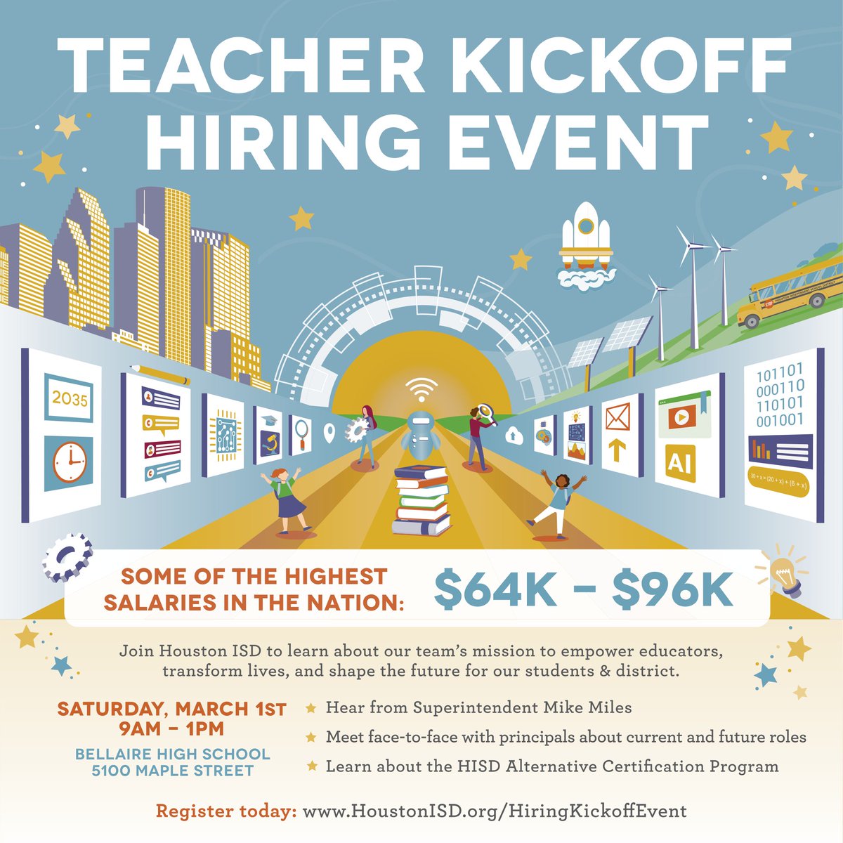 HISD is excited to invite you to our Teacher Kickoff Hiring Event! This is your opportunity to connect with District leaders, explore careers in HISD, and take the next step toward transforming your future.

Learn more and register here ➡️ bit.ly/4jUigI8
