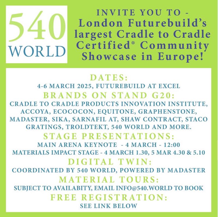 540 WORLD (@540world) on Twitter photo Visit stand G20 <a href="/FuturebuildNow/">Futurebuild</a> with <a href="/Accoya/">Accoya Wood</a> <a href="/EcoCocon/">EcoCocon - Straw Wall System</a>, <a href="/equitoneuk/">EQUITONE UK</a> <a href="/graphenstoneuk/">Graphenstone Paints UK</a> <a href="/madaster/">Madaster</a> <a href="/SikaSarnafil/">Sika Sarnafil</a> <a href="/ShawContEMEA/">Shaw Contract EMEA</a> <a href="/StacoGratings/">Staco Gratings</a> @C2Ccertified. #sustainability #innovation #cradletocradle
Free registration! register.visitcloud.com/survey/2kghie2… Visit stand G20 <a href="/FuturebuildNow/">Futurebuild</a> with <a href="/Accoya/">Accoya Wood</a> <a href="/EcoCocon/">EcoCocon - Straw Wall System</a>, <a href="/equitoneuk/">EQUITONE UK</a> <a href="/graphenstoneuk/">Graphenstone Paints UK</a> <a href="/madaster/">Madaster</a> <a href="/SikaSarnafil/">Sika Sarnafil</a> <a href="/ShawContEMEA/">Shaw Contract EMEA</a> <a href="/StacoGratings/">Staco Gratings</a> @C2Ccertified. #sustainability #innovation #cradletocradle
Free registration! register.visitcloud.com/survey/2kghie2…