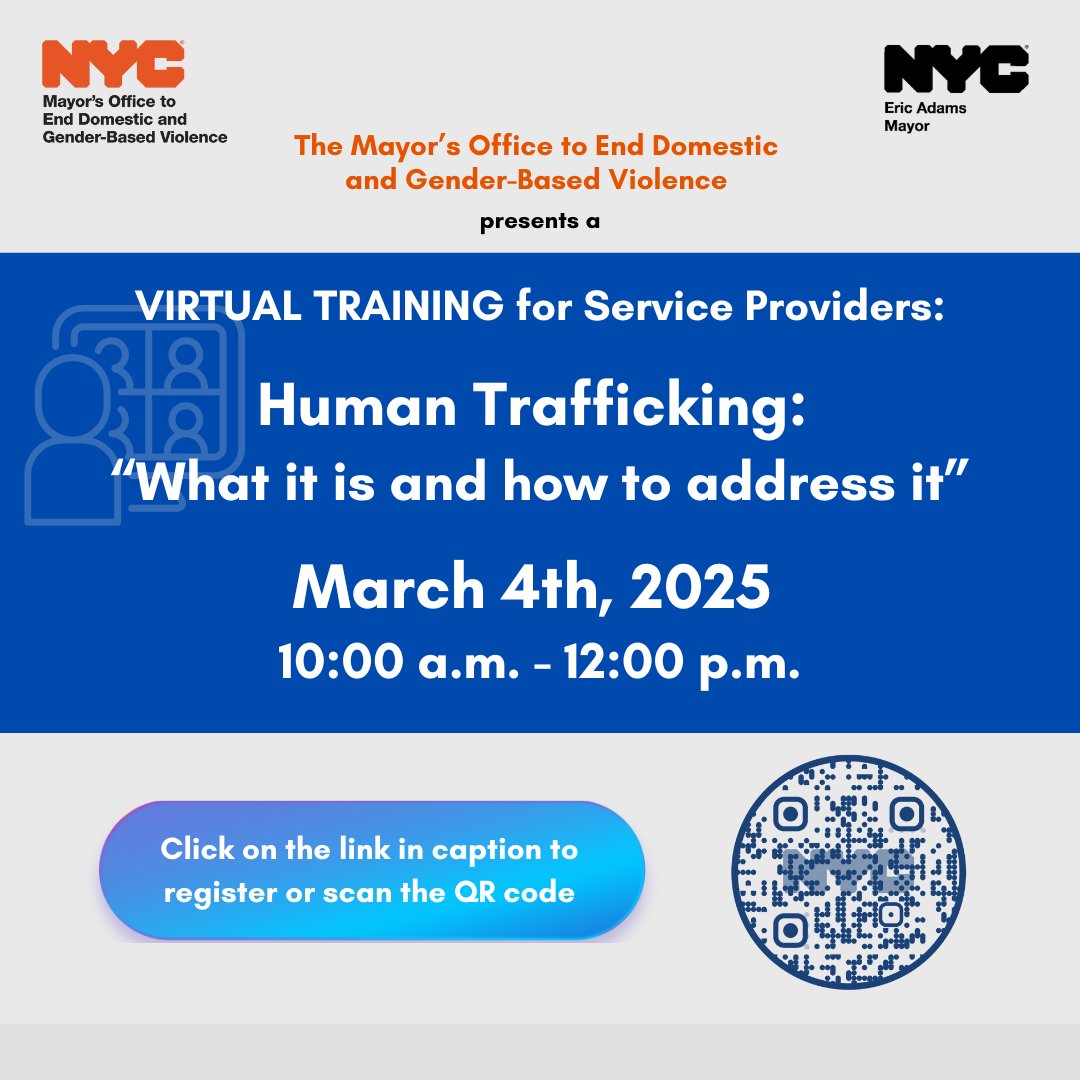 Office to End Domestic and Gender-Based Violence (@nycendgbv) on Twitter photo 🙋♀️ <a href="/nycendgbv/">Office to End Domestic and Gender-Based Violence</a> is calling DV/GBV service providers to register for its free, introductory VIRTUAL TRAINING on "HUMAN TRAFFICKING: What it is and how to address it," Tuesday, March 4, 10:00 a.m. - 12:00 p.m. Click link: on.nyc.gov/4hTkDtB to register. #AwarenessHelpHope 🙋♀️ <a href="/nycendgbv/">Office to End Domestic and Gender-Based Violence</a> is calling DV/GBV service providers to register for its free, introductory VIRTUAL TRAINING on "HUMAN TRAFFICKING: What it is and how to address it," Tuesday, March 4, 10:00 a.m. - 12:00 p.m. Click link: on.nyc.gov/4hTkDtB to register. #AwarenessHelpHope