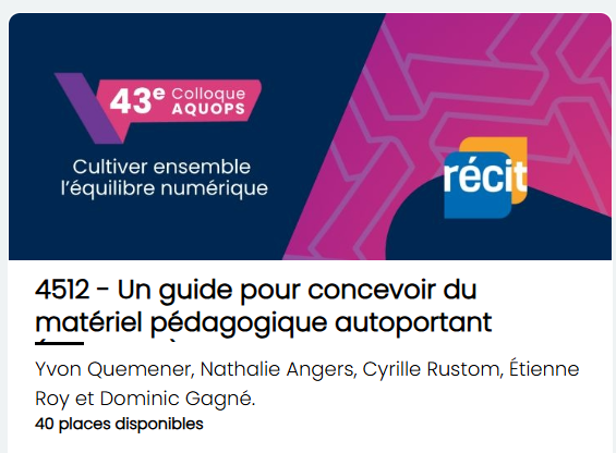 L’équipe RÉCIT SED/FAD sera présente à l’#AQUOPS! 
✅4512 (16 avril 10h à 11h29) et 9551V (17 avril 13h30 à 14h59): Guide pour concevoir du matériel pédagogique autoportant
✅6101-6101V(16 avril 14h45 à 16h14) Trousse innovante pour développer la littératie en rétroaction