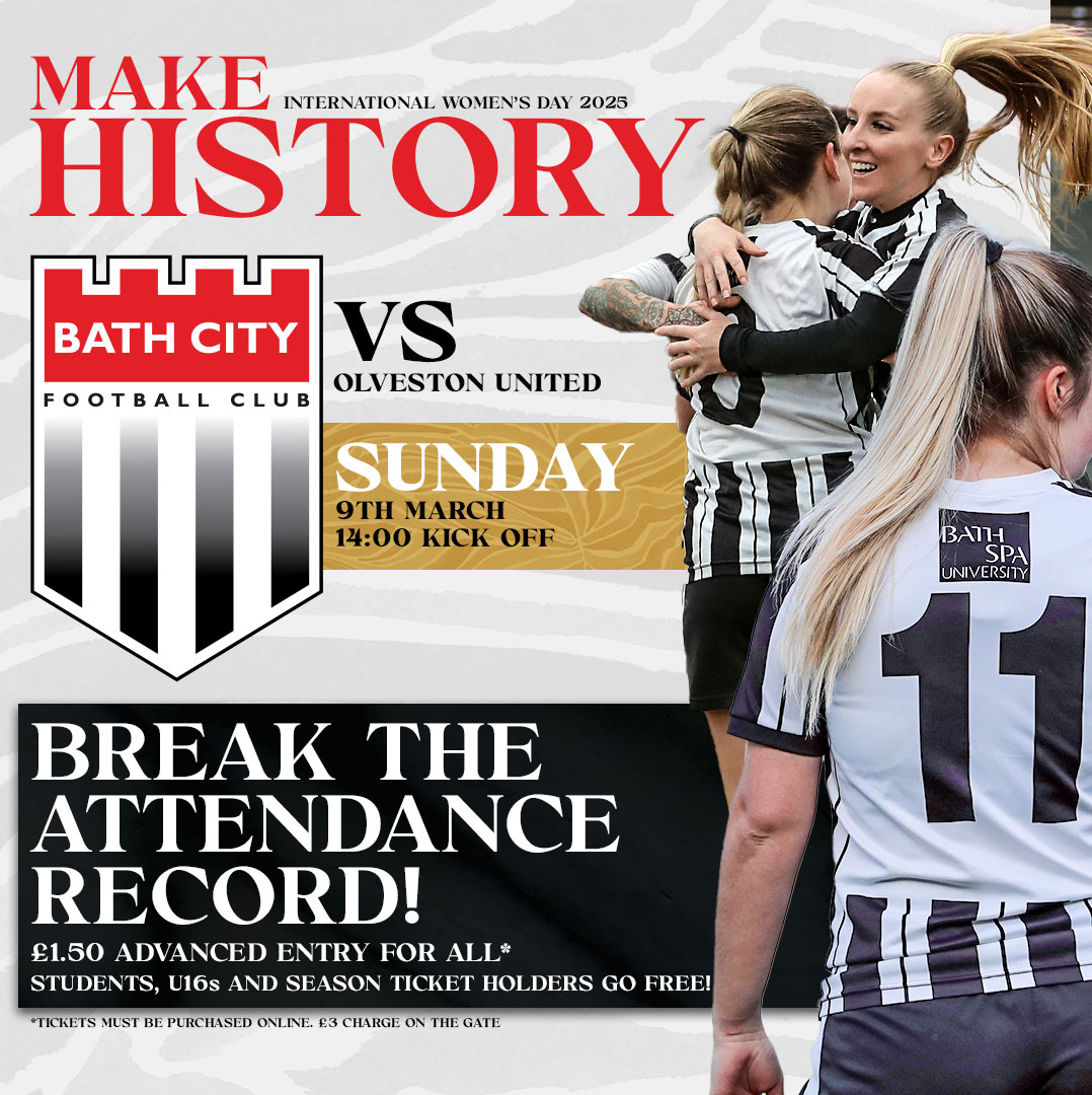 BathCity_FC's tweet photo. 🙌 Bath City Women are looking to break their attendance record this weekend. 

For as little as £1.50, you can be a part of history. 

Students, Season Ticket holders and U16's go FREE 👇

⚫️⚪️ #Romans