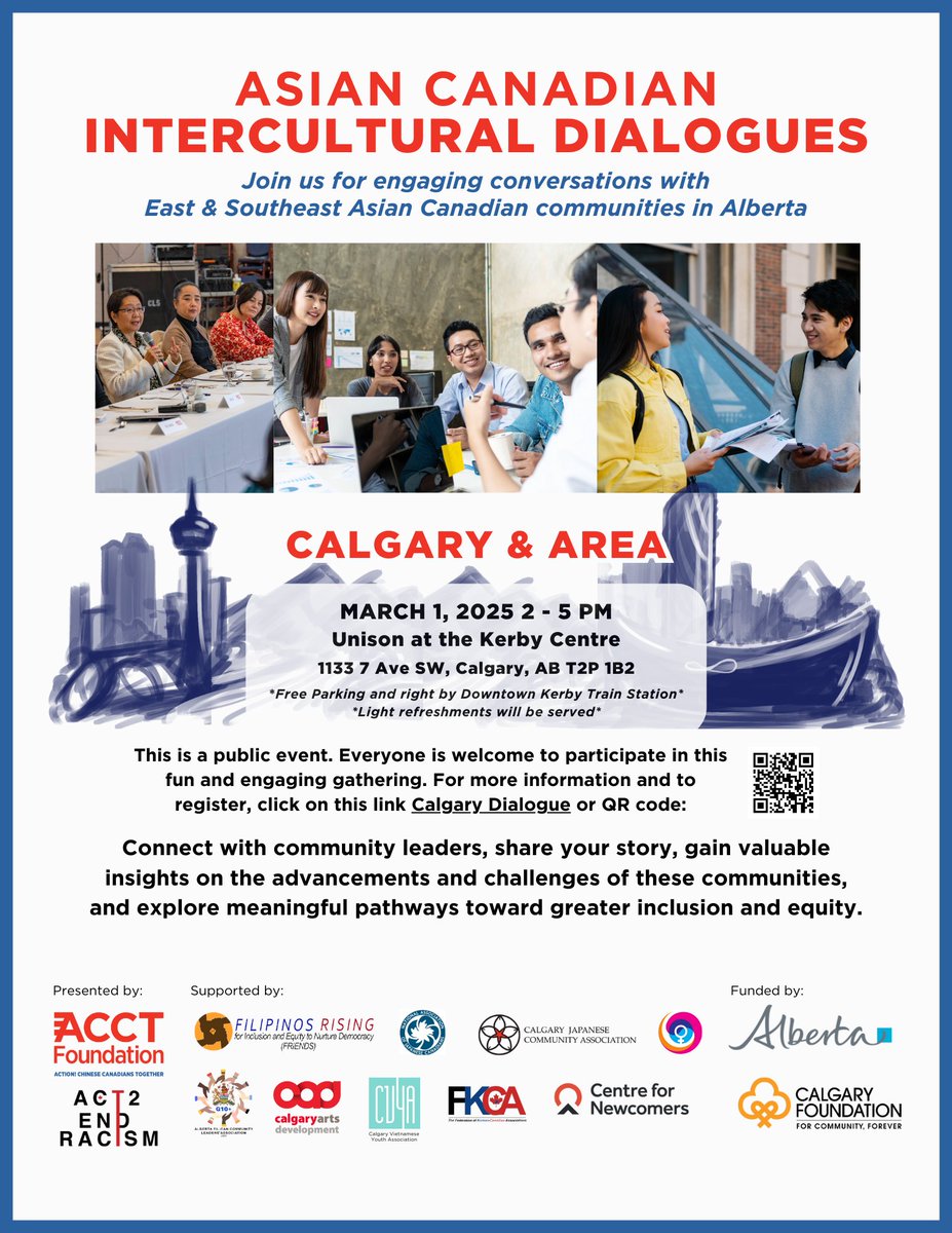 ✨ Asian Canadian Intercultural Dialogues!
🗓️ Sat, Mar 1, 2025 | 2–5 PM
📍 Unison at the Kerby Centre, Calgary
🚗 Free parking | 🍴 Light refreshments
Join inspiring leaders to share stories &amp; explore inclusion!
Register: shorturl.at/RLoF0
#AsianCanadian #CommunityDialogue