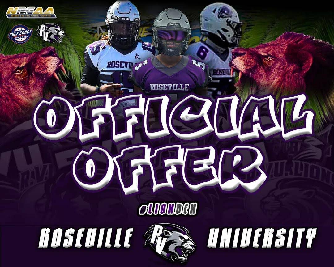 I am  greatful to receive an offer from Roseville University 
<a href="/Neelyboy3/">Jarrett Neely</a> <a href="/WJKeenan_FB/">W.J. Keenan Raiders Football</a> <a href="/CoachDarbyB/">Coach Darby Bradley</a>  <a href="/CoachBranJones/">Brandarius Jones</a>