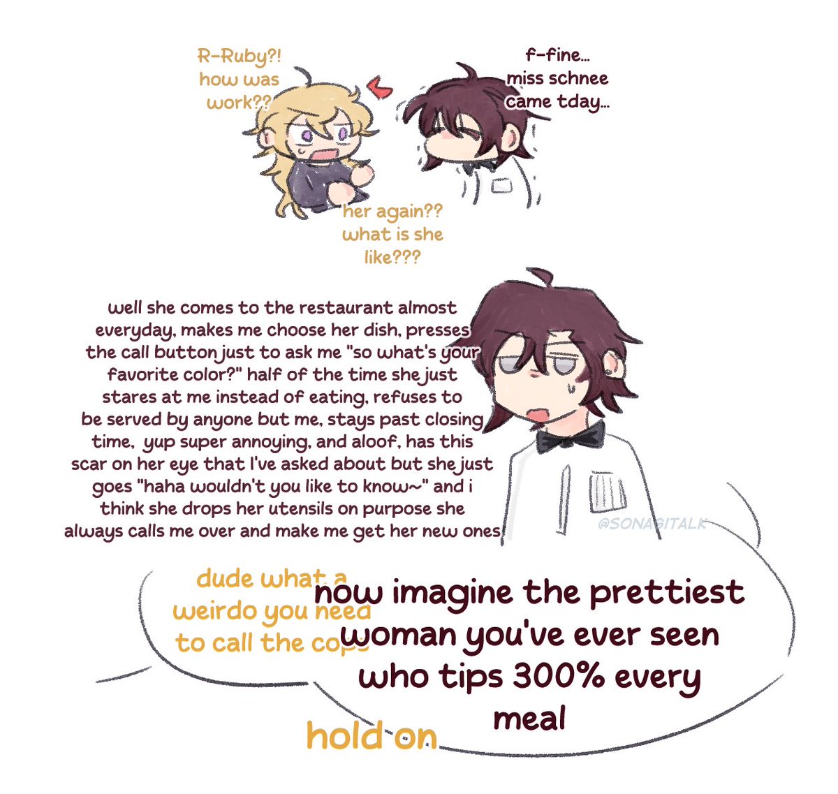 sonagitalk's tweet image. au where ruby works at fine dining but there&apos;s a really annoying regular
#rwby #whiterose