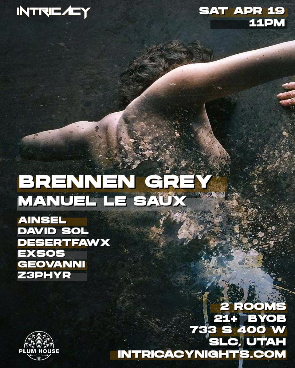 The Afters is going off with <a href="/BrennenGrey/">Brennen Grey</a> holding court joined by <a href="/ManuelLeSaux/">Manuel Le Saux</a> for a night of heaven🥳 &amp; hell 😈 in SLC!
⏩ 2 rooms. 11pm
⏩ 21+ BYOB 
⏩ Sat Apr 12th 
⏩ @plumhouseslc 
@z3phyrmusic @desertfawx @thedavidsol @exsos_sounds @electroniccontinuum