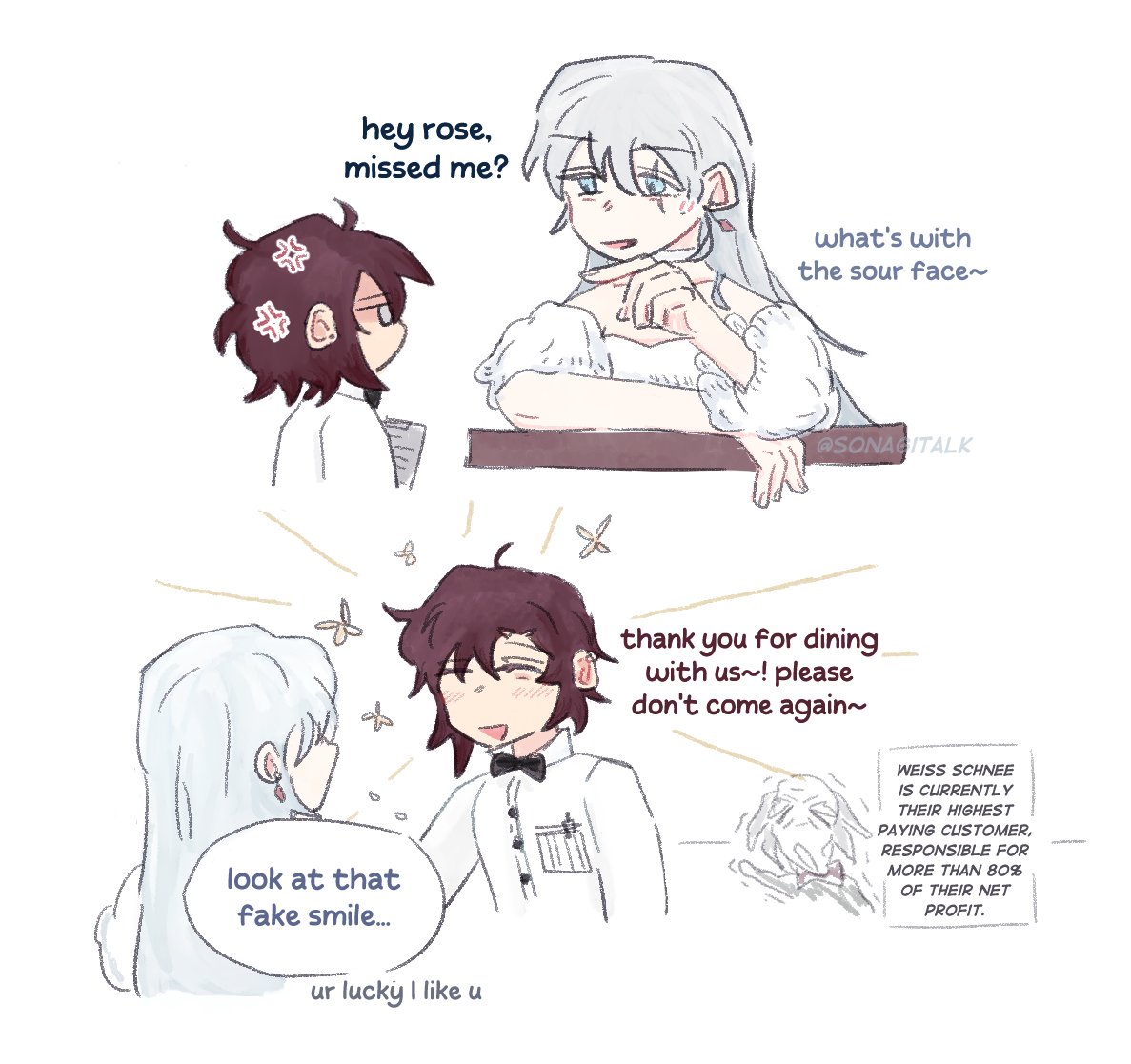 sonagitalk's tweet image. au where ruby works at fine dining but there&apos;s a really annoying regular
#rwby #whiterose