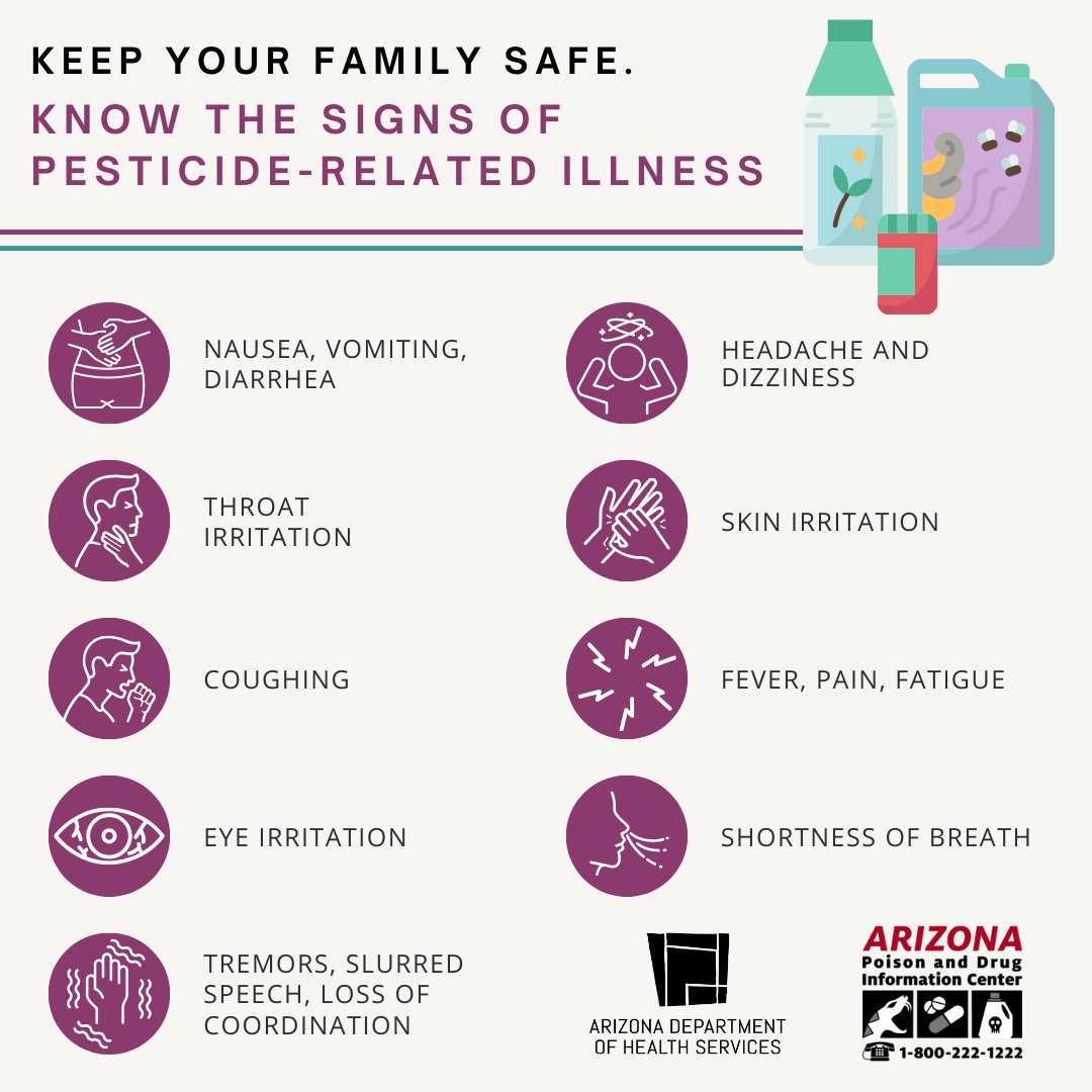 🚨 Pesticide-related illness can happen after exposure to pesticides. Know the symptoms &amp; get help if needed!

If you suspect pesticide exposure, call Arizona Poison Control Center for free 24/7 at 1-800-222-1222. Stay safe &amp; take action!

A big thank you to our partner, <a href="/AzPDIC/">AZ Poison & Drug Information Center</a>.